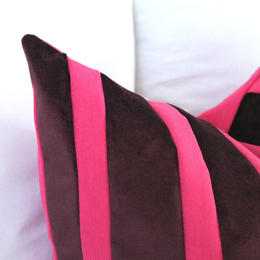 Magenta Pink and Bordeaux Striped Velvet Color Block Throw Pillow Cover