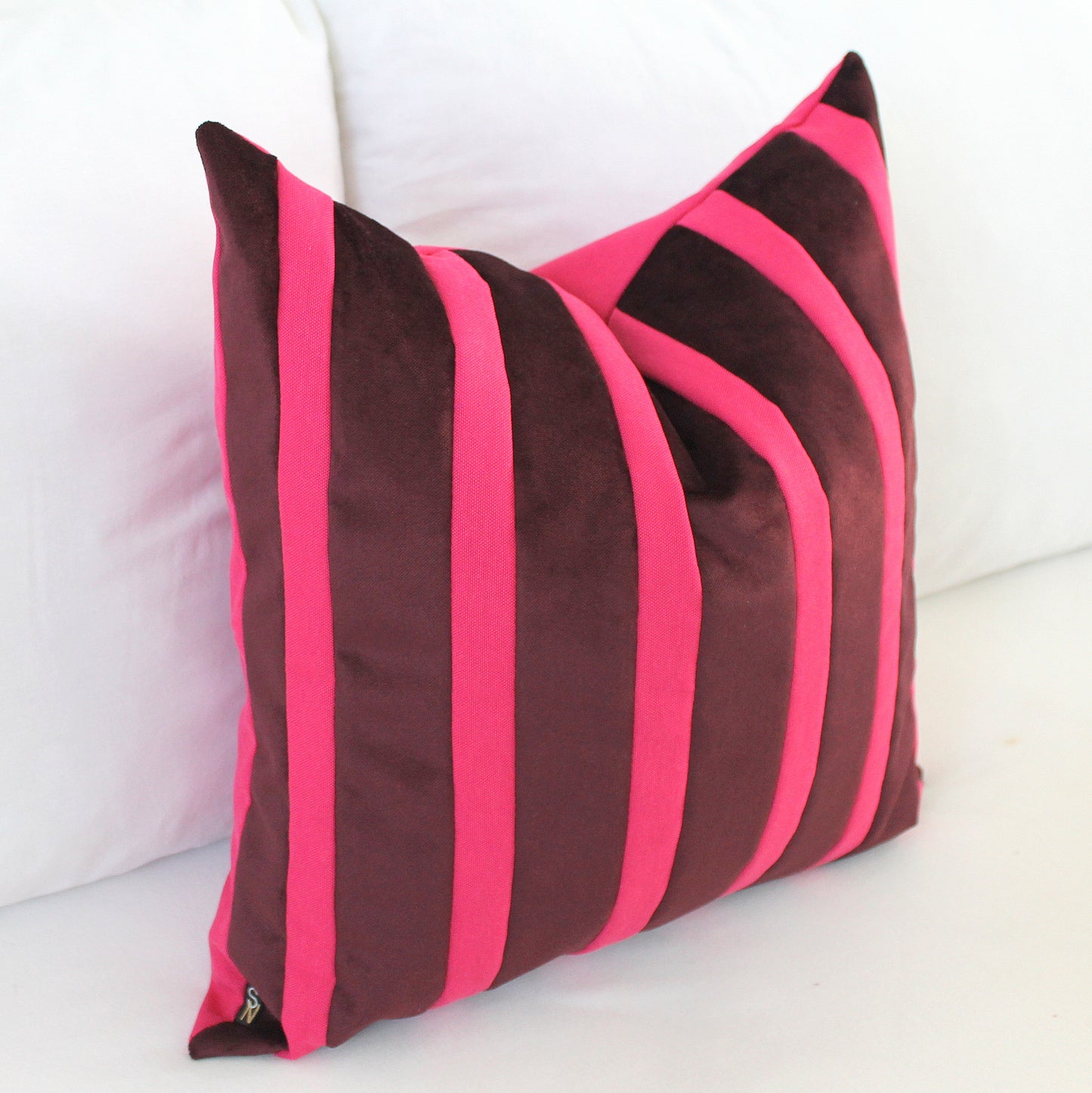 Magenta Pink and Bordeaux Striped Velvet Color Block Throw Pillow Cover