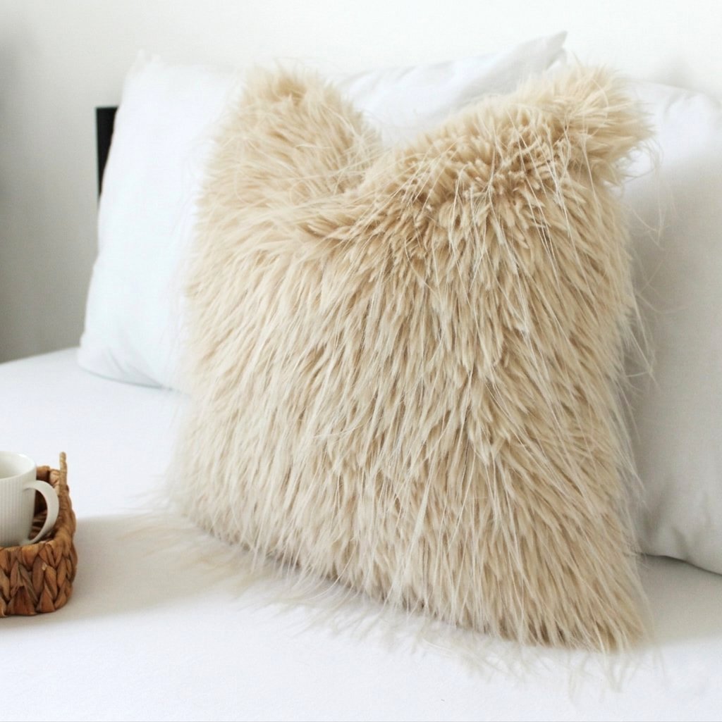 Oatmeal Faux Fur Pillow Cover, Custom Color Back