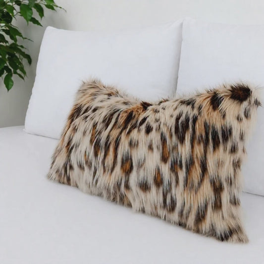 Leopard Cat Faux Fur Lumbar Pillow Cover | Luxury Animal Print Cushion