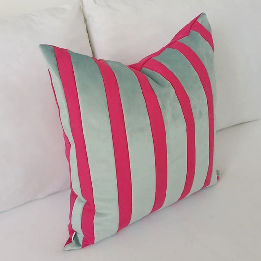 Aqua Glass & Magenta Hot Pink Striped Velvet Color Block Throw Pillow Cover