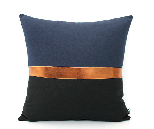 These affordable pillow covers are a must if you are looking for a touch of elegance in your home. The navy blue and black cotton is made to pop with a custom stripe of silver, gold or copper.