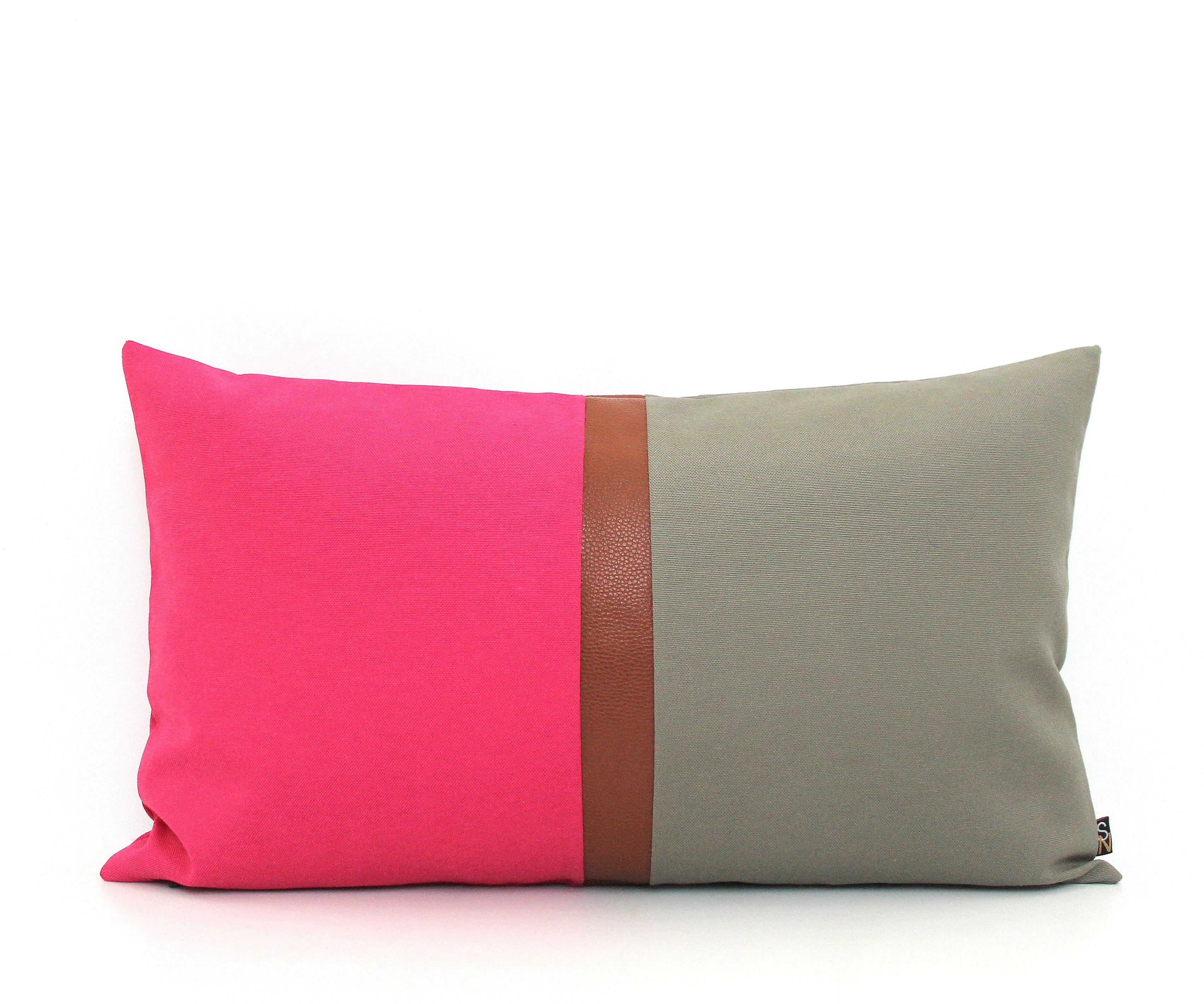 Magenta Pink, Dark Grey and Brown Faux Leather Colorblock Lumbar Pillo ...