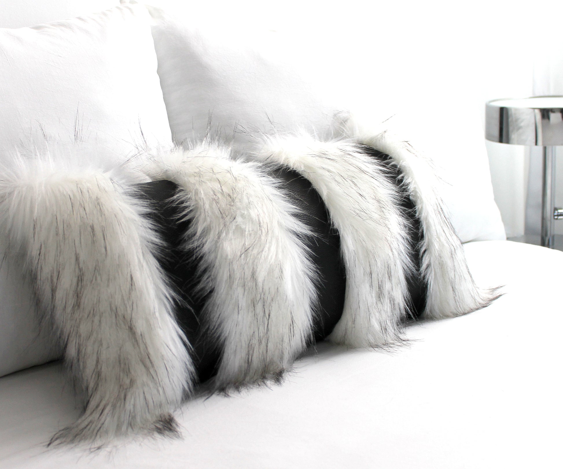 Snow Fox and Black Textured Faux Fur Faux Leather Pillow Cover